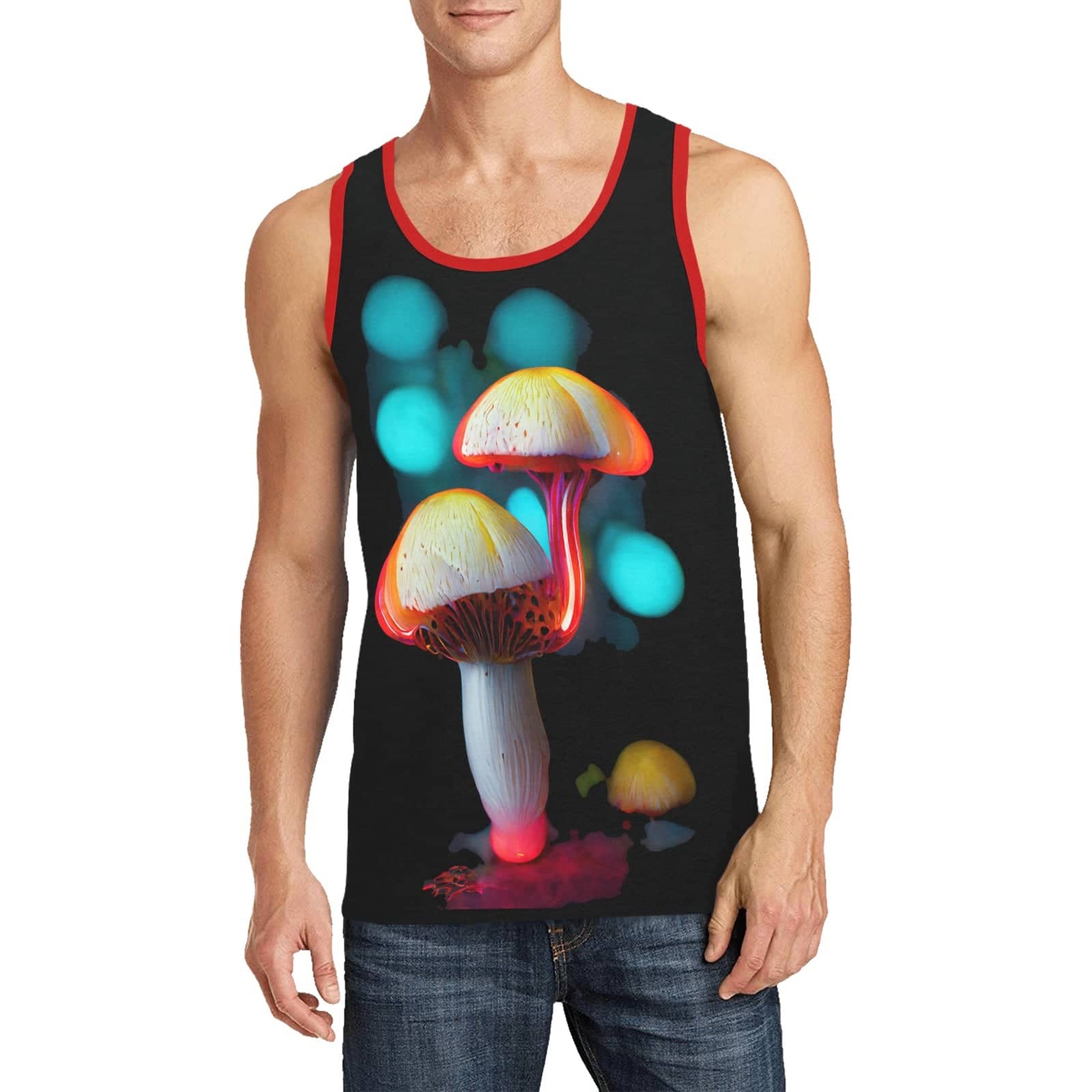 Camiseta sin mangas con forma de hongo psicodélico que brilla intensamente