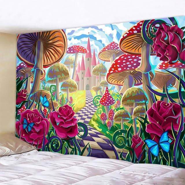 Checkered Path of Mushrooms & Roses Tapestry-Decorative Tapestries