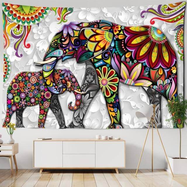 Psychedelic Flower Elephant Tapestry-