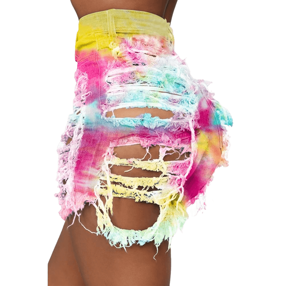 Tie Dye Denim Ripped Shorts-Festival Wear