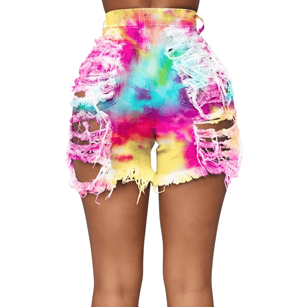 Tie Dye Denim Ripped Shorts-Festival Wear
