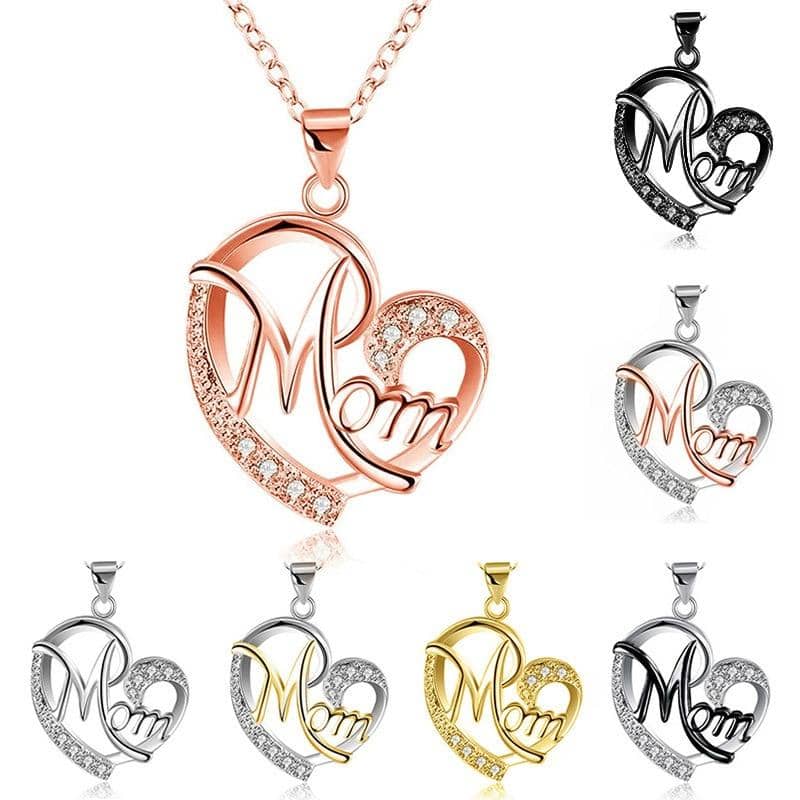 Love Mom Heart Crystal Necklace-Jewelry