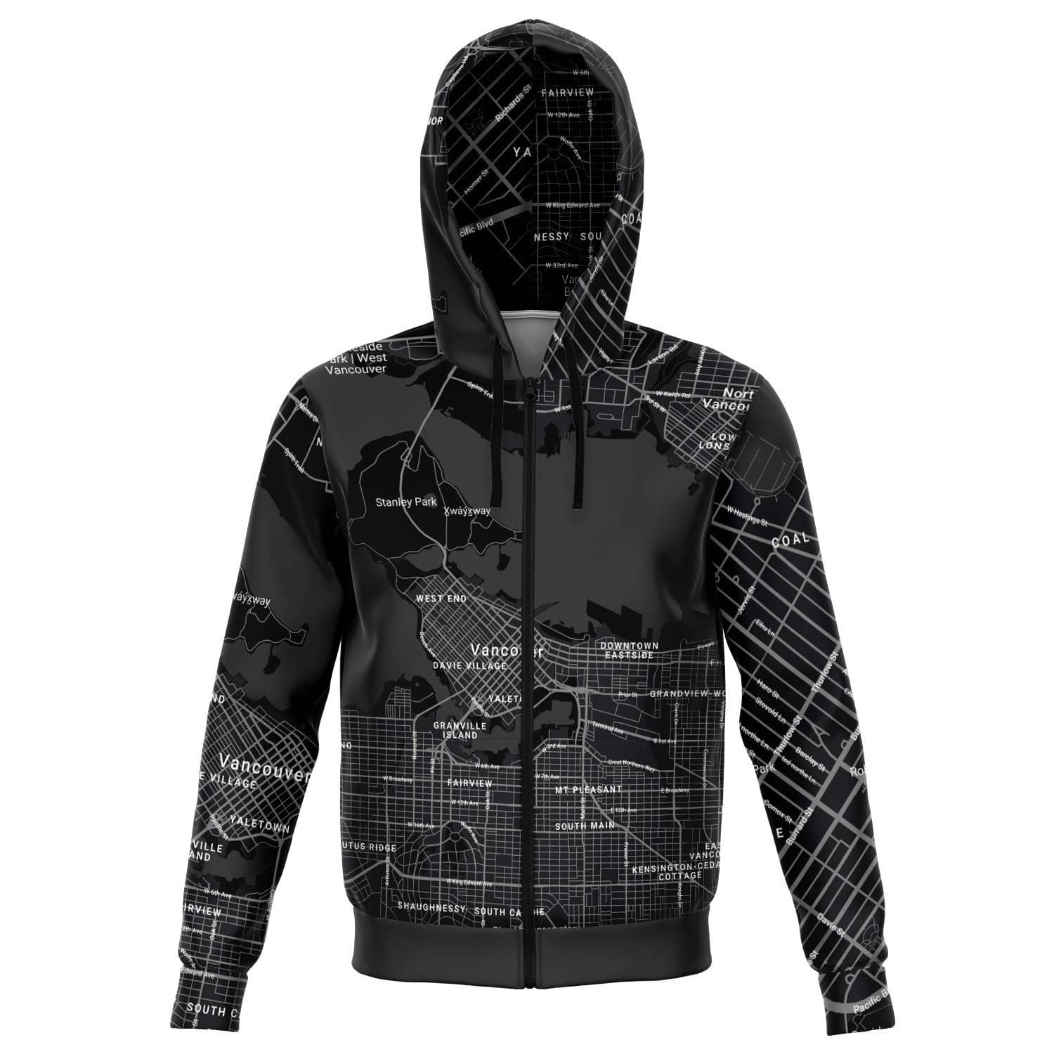 Black & White Vancouver Map Zip Hoodie-Fashion Zip-Up Hoodie - AOP