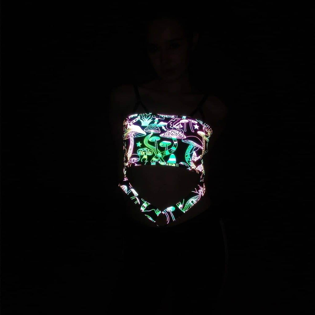 Reflective Rainbow Psychedelic Mushroom Crop Top-Festival Wear