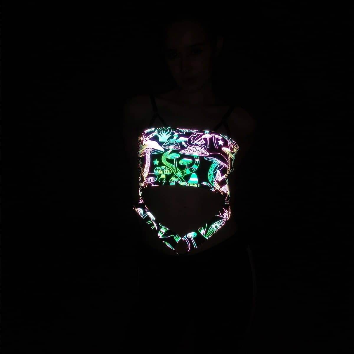 Reflective Rainbow Psychedelic Mushroom Crop Top-Festival Wear