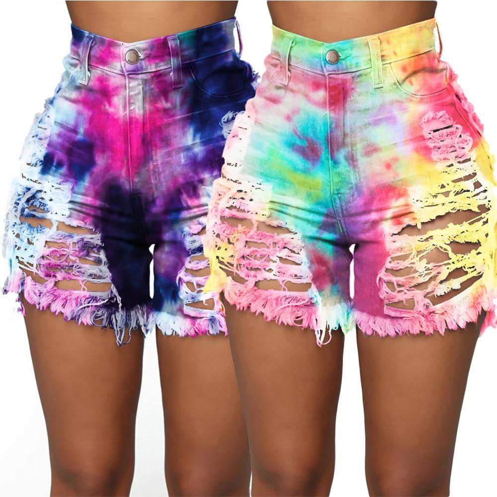 Tie Dye Denim Ripped Shorts-Festival Wear