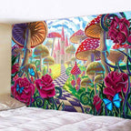 Checkered Path of Mushrooms & Roses Tapestry-Decorative Tapestries