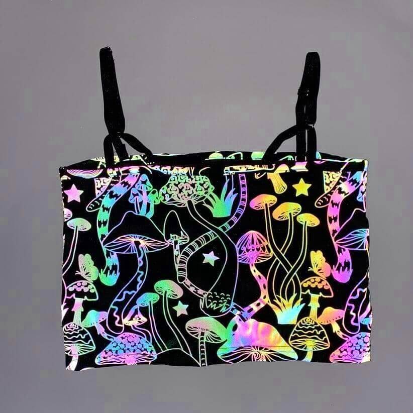 Reflective Rainbow Psychedelic Mushroom Crop Top-Festival Wear