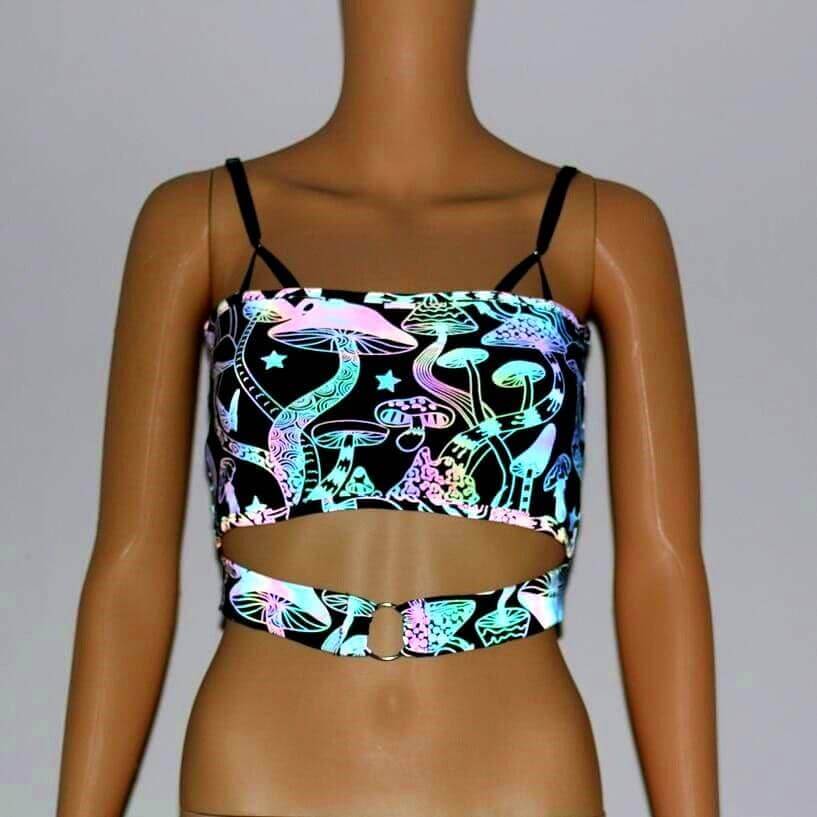 Reflective Rainbow Psychedelic Mushroom Crop Top-Festival Wear