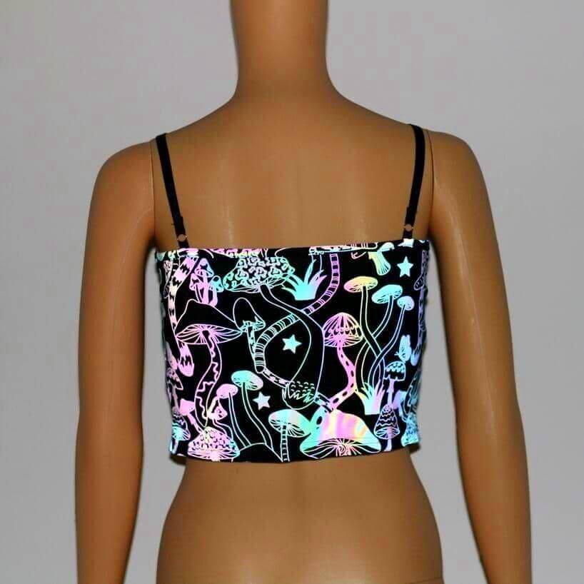 Reflective Rainbow Psychedelic Mushroom Crop Top-Festival Wear