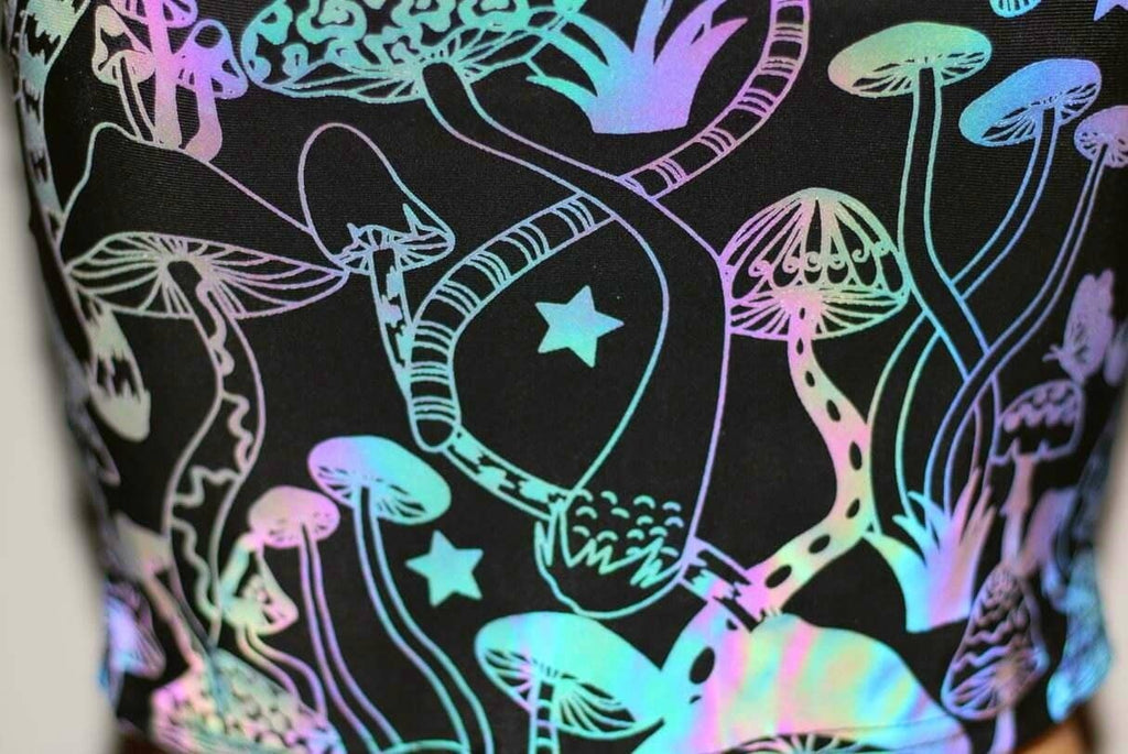 Reflective Rainbow Psychedelic Mushroom Crop Top-Festival Wear