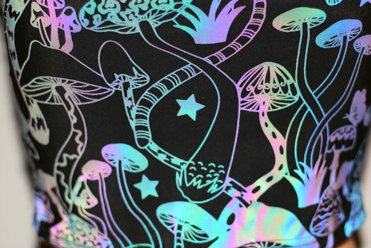 Reflective Rainbow Psychedelic Mushroom Crop Top-Festival Wear