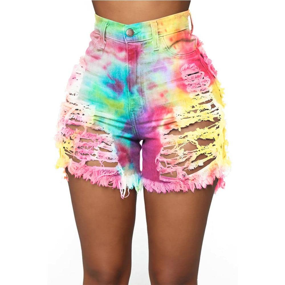 Tie Dye Denim Ripped Shorts-Festival Wear