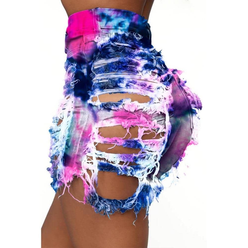 Tie Dye Denim Ripped Shorts-Festival Wear