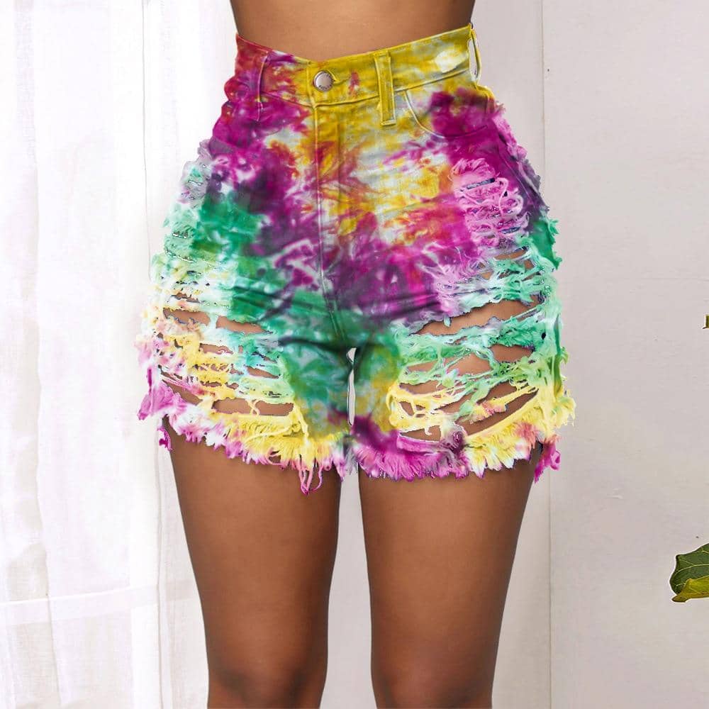 Tie Dye Denim Ripped Shorts-Festival Wear