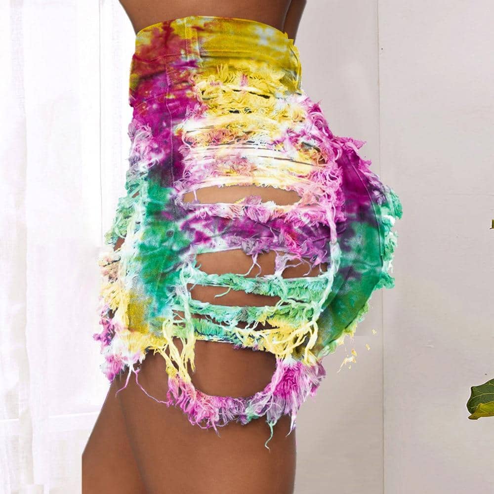 Tie Dye Denim Ripped Shorts-Festival Wear