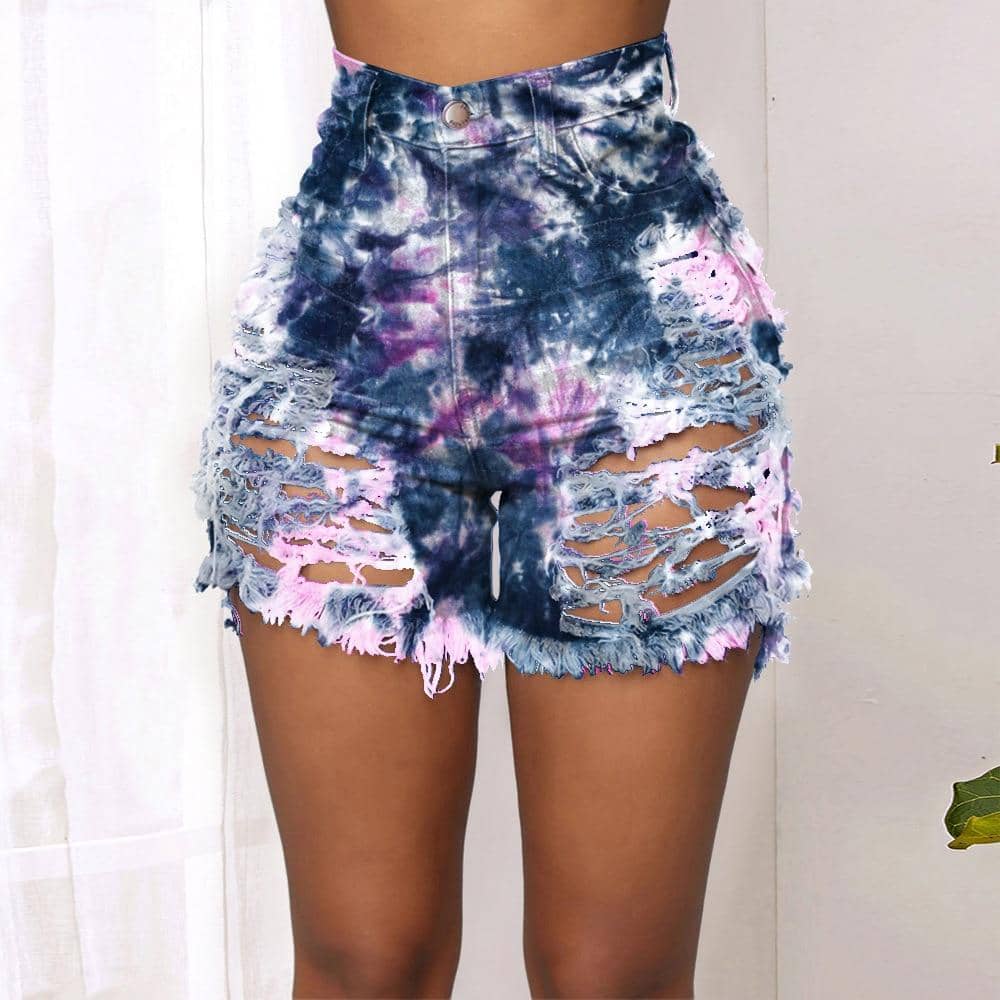 Tie Dye Denim Ripped Shorts-Festival Wear