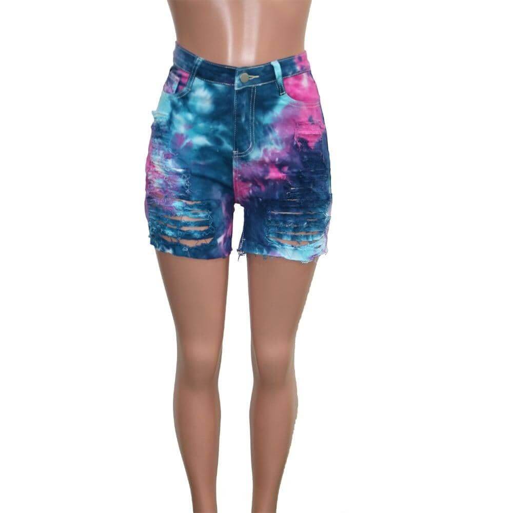 Tie Dye Denim Ripped Shorts-Festival Wear