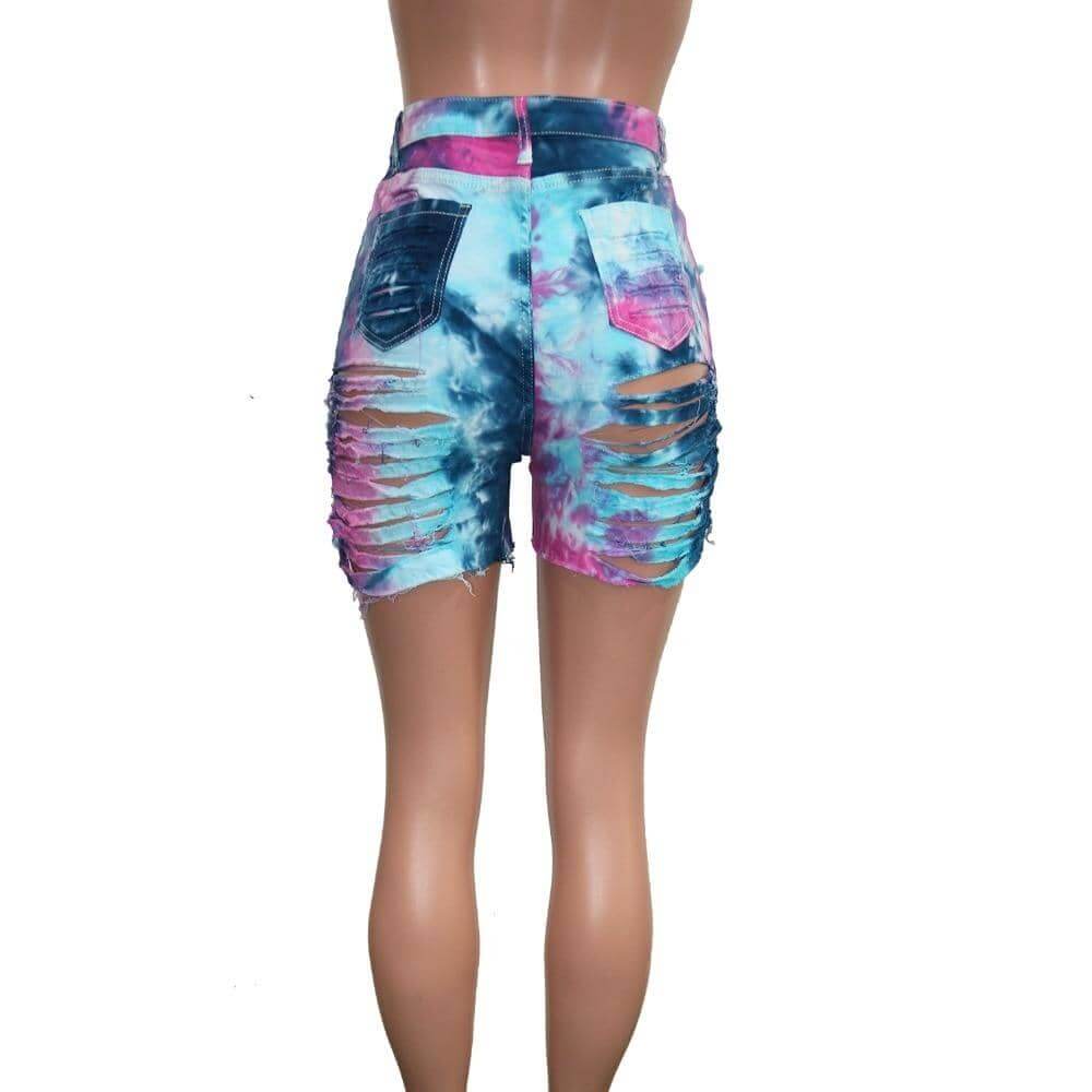 Tie Dye Denim Ripped Shorts-Festival Wear
