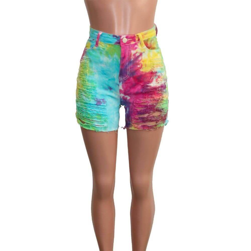 Tie Dye Denim Ripped Shorts-Festival Wear