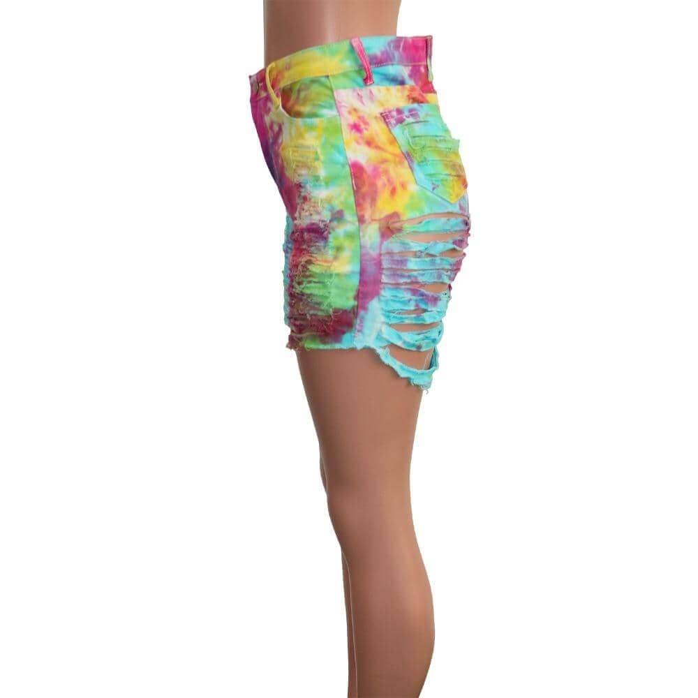 Tie Dye Denim Ripped Shorts-Festival Wear