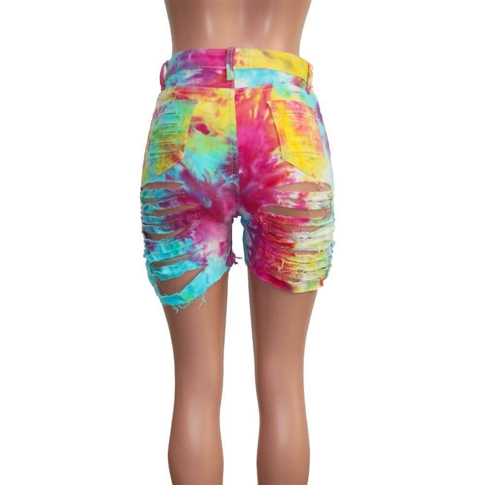 Tie Dye Denim Ripped Shorts-Festival Wear